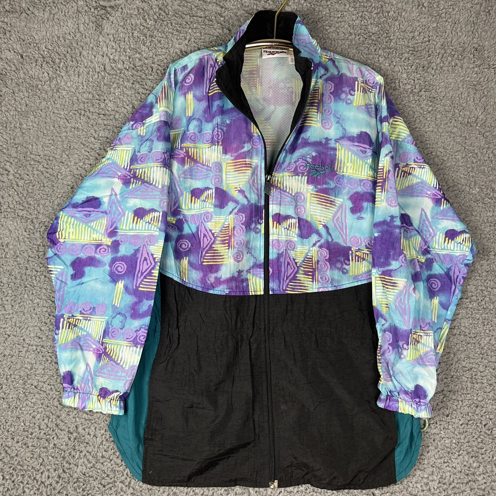VTG REEBOK WOMENS LG TEAL BLUE WINDBREAKER JACKET DRAWSTRING WAIST/ZIP POCKETS