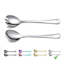 2 Pack Shiny Silver Stainless Steel Salad Server Set Salad Spoon Salad Fork