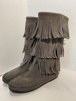 Minnetonka 3 Tier Fringe Moccassin Boots Womens Size 9 Gray | eBay