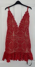 BNWT PRETTYLITTLETHING RED STRAPPY THICK LACE FRILL HEM BODYCON DRESS SIZE 10