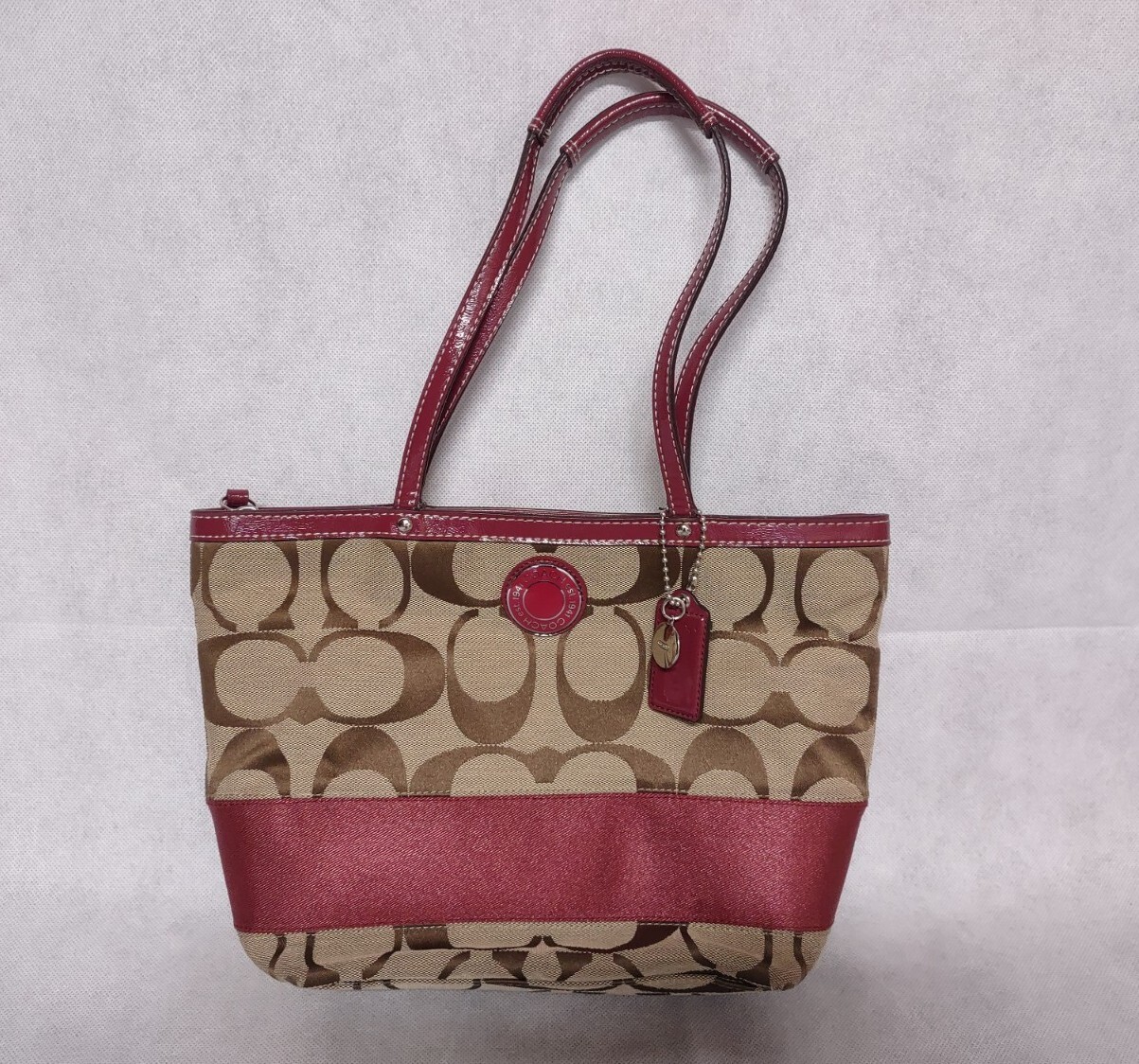 COACH Signature Stripe Shoulder Handbag Tote Purse Brown Burgundy 