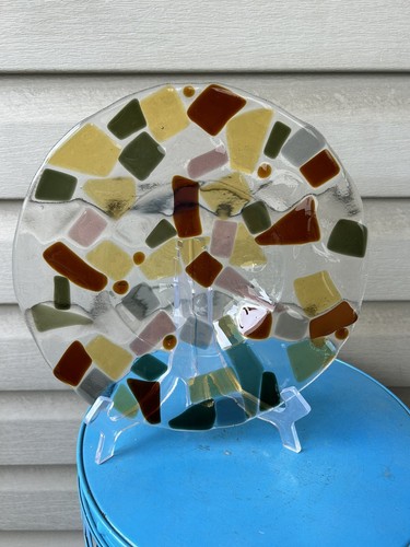 Purple Yellow Green Mosaic Fused Glass Shapes Abstract Shallow Bowl 10" Fall