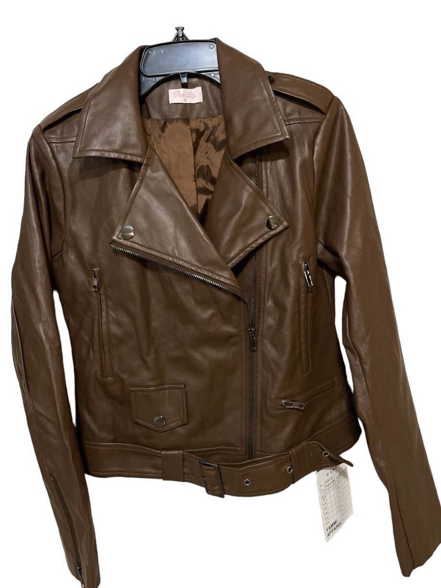 Pink Lily Faux Leather Moto Jacket Zip Front & Pockets Women's