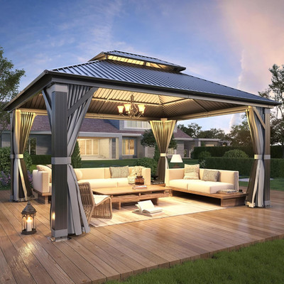 12'X14' Heavy-Duty Outdoor Gazebo with Double Roof & Privacy Curtains