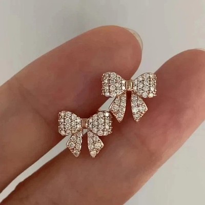 1.10Ct Round Cut Real Moissanite Bow Women's Stud Earrings 14K Rose Gold Plated