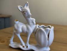Vintage 1950s White Ceramic Deer Bambi Babycham Figurine With Tulip Planter