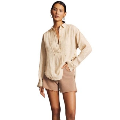 Anthropologie Sz L Yellow Striped V-Neck Cotton Popover Button Down Shirt