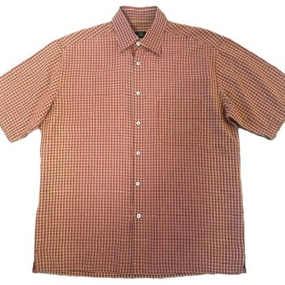 Bugatchi Uomo Mens Shirt Large Red Orange Micro Check Short Sleeves Button Down