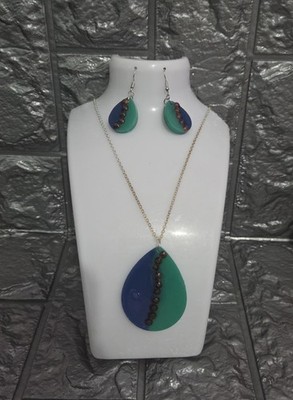 Handcrafted Epoxy Resin Blue Green Teardrop Necklace Earrings Bohemian