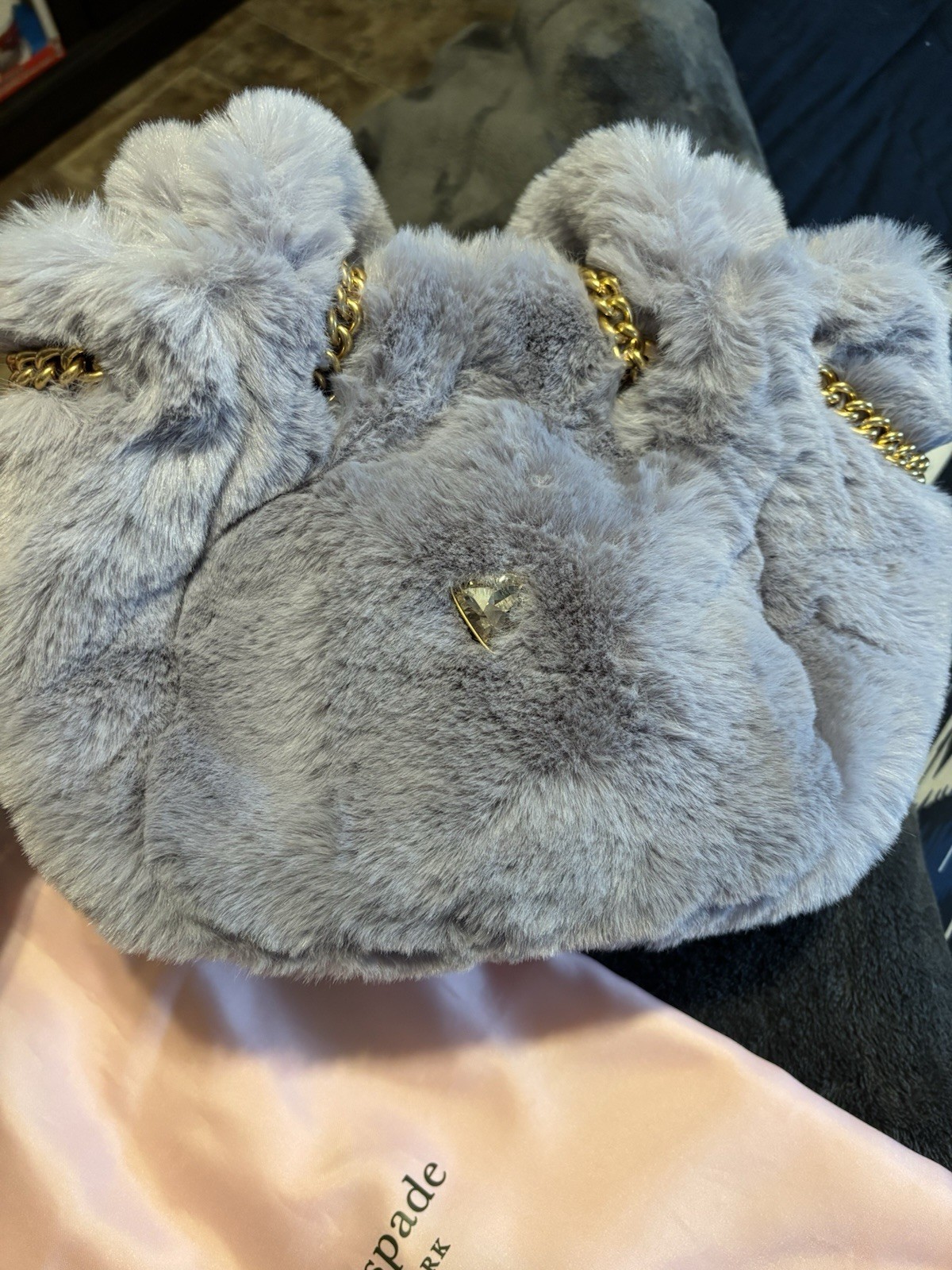 LIMITED EDITION Kate Spade Fluffy Embellished Rabbit purple Faux Fur Small Bag image 4