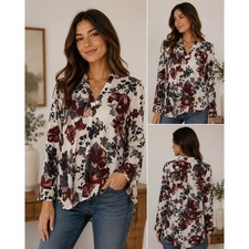Honey Belle Floral Blouse NWT Size Large Ivory Burgundy Long Sleeve Tunic Top