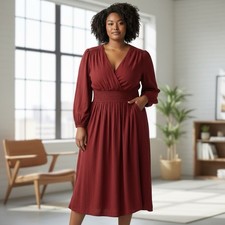 Old Navy Ladies 2XL Dress Maroon Cotton-Blend Fit & Flare Long Sleeves New w/Tag