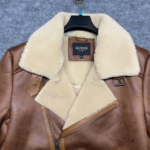 Guess Jacket Mens Large Brown Faux Shearling Asymmetric Moto Toni DF Biker Coat image 3
