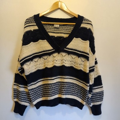 ICHI marineblau und weiß maritim Häkelstreifen Pullover Größe Medium 14/16