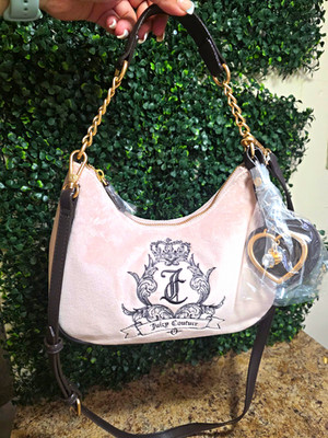 Juicy Couture Pink Brown Logo Crescent Shoulder Bag Chain Strap Charm