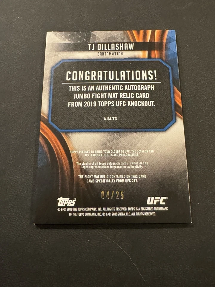 2019 UFC Topps Knockout TJ Dillashaw Jumbo Fight Mat Relic Auto Purple 04/25 - Image 2 of 2