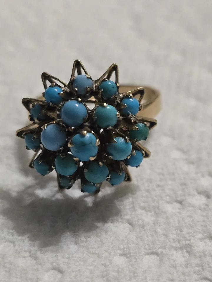 ANTIQUE VICTORIAN SOLID 14K YELLOW GOLD CLUSTER TURQUOISE RING ~ sz 8.25 - Image 2 of 4