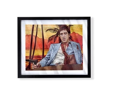 scarface tony montana custom art piece with palm trees wall paper on black frame