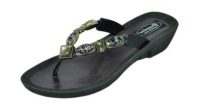 Grandco Women's Beaded Sandals Royal V Thong Jeweled Flip Flops Black Size 7