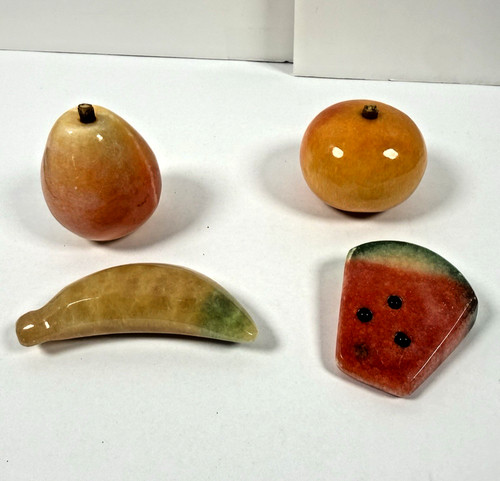 Vintage Carved Stone Fruit Lot Pear Orange Banana Watermelon Marble Onyx Decor