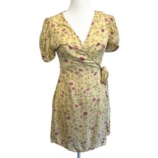 Billabong Floral Wrap Dress Short Sleeve Mini Dress Cottagecore Yellow Size S