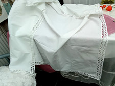 Vintage Textilien--Landhaus--Tischtuch-Spitze Handarbe--Wei&szlig;-