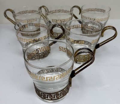 Vintage Libby Glass Set 6 Greek Key Design Gold Metal Holders MCM Coffee/Tea Cup