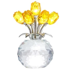 Ywhl Handmade Crystal Yellow Rose Flower Figurine with Round Vase, Romantic Rose