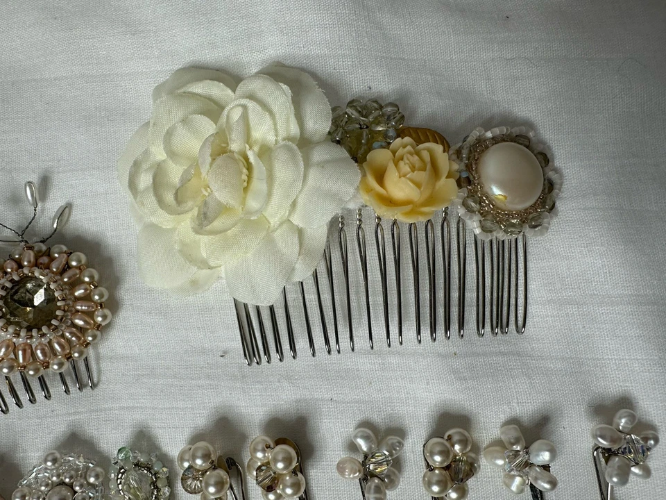 Hair Jewelry Combs Handmade Lot Of 15 Sparkle Prom Wedding Ceramic Flowers - Image 2 of 4