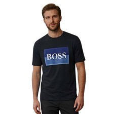 BOSS Men's White T-Shirt Blue Gradient Box Graphic Logo Tee Short Sleeve