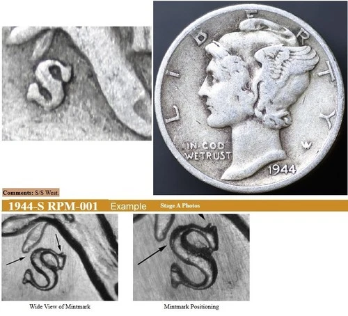 1944-S/S 10C Mercury Dime FS-501 RPM-001 S/S West Fine (#7843)