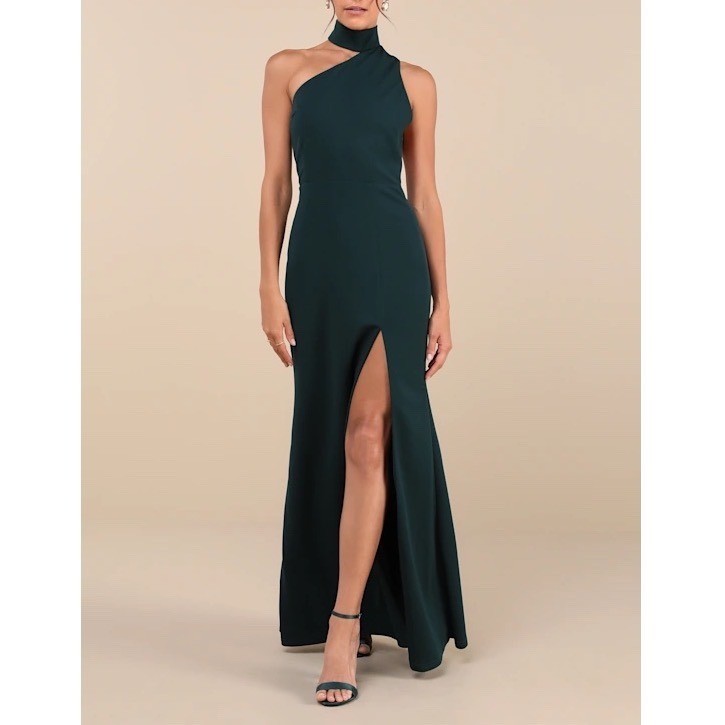 Lulus Forest Green Asymmetric Halter Maxi Dress Side Slit Open Back Gown Large