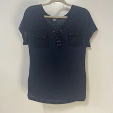 Women’s Navy Blue VENUS Buttons On Front Pocket Short Sleeve Top Medium