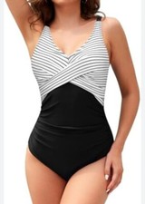 Womens Plus Size 3XL Tummy Control Retro One Piece Swimsuit V Neck Modest Beach