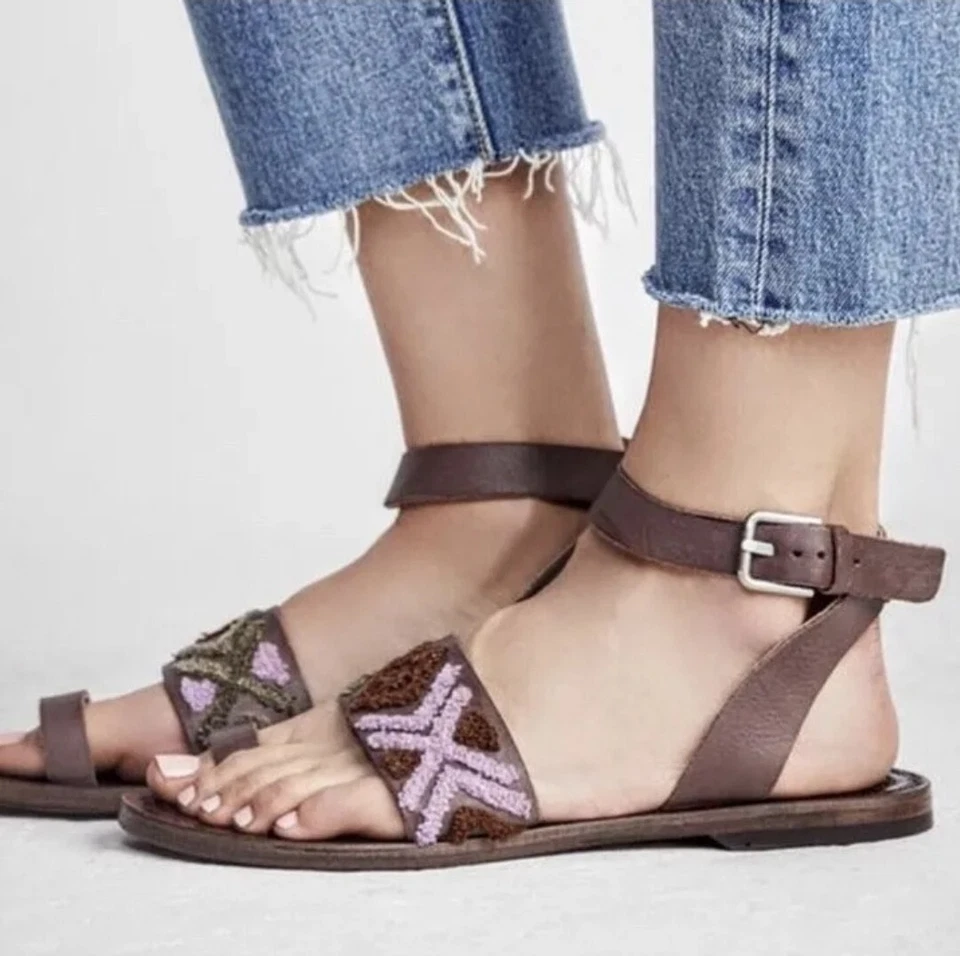 Sandalias para mujer Free People Torrence talla 7,5 cosidas de cuero malva al tobillo Foto 2 de 4