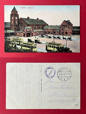 Postcard Giessen Giessen 1916 station with horse-drawn carriages, tram cars (136146