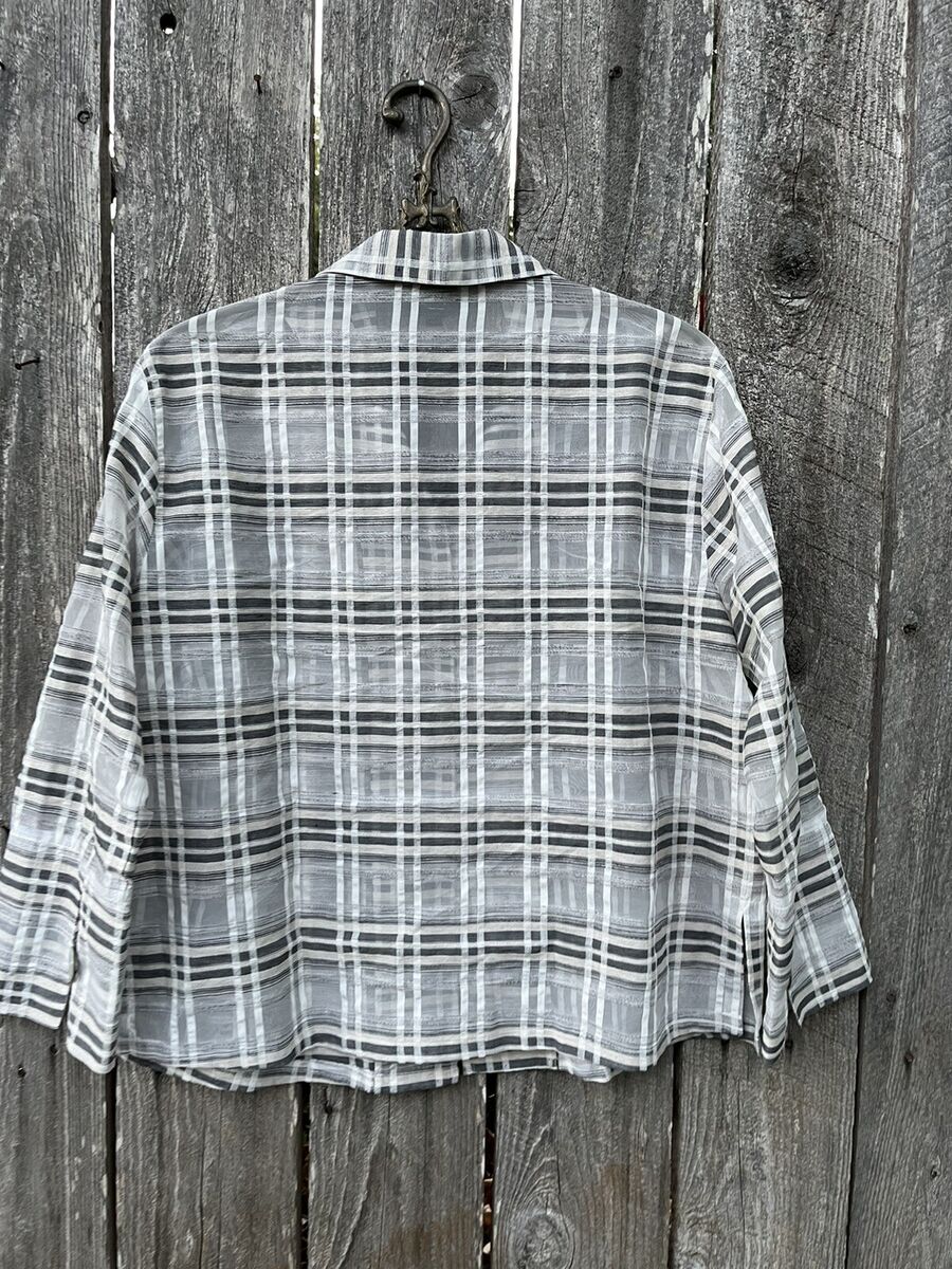 Staples Sheer Plaid Jacket Gray Cream Abalone Shell Buttons Staples Sheer Plaid Jacket Gray Cream Abalone Shell Buttons