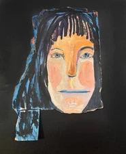 Portrait Painting Original Woman Long Hair Naive Outsider Wall Art Miz Katie