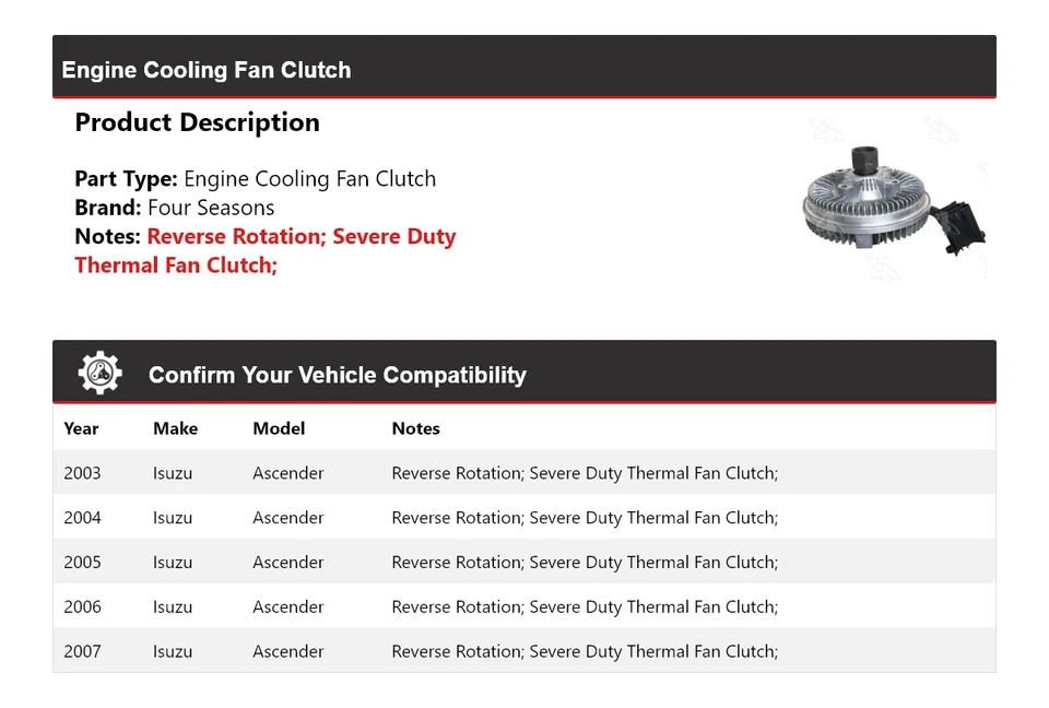 Embrague ventilador refrigeración motor Isuzu Ascender 2003-2007 4 estaciones 2004 2005 2006 Foto 2 de 4