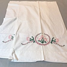 2 Vintage Pillow Cases Embroidered Pink Green Flowers 30"x18.5" Queen Size