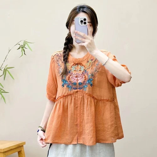 Camicia retrò sciolta etnica cotone lino ricamato top cardigan estivo cinese - Foto 27 di 29