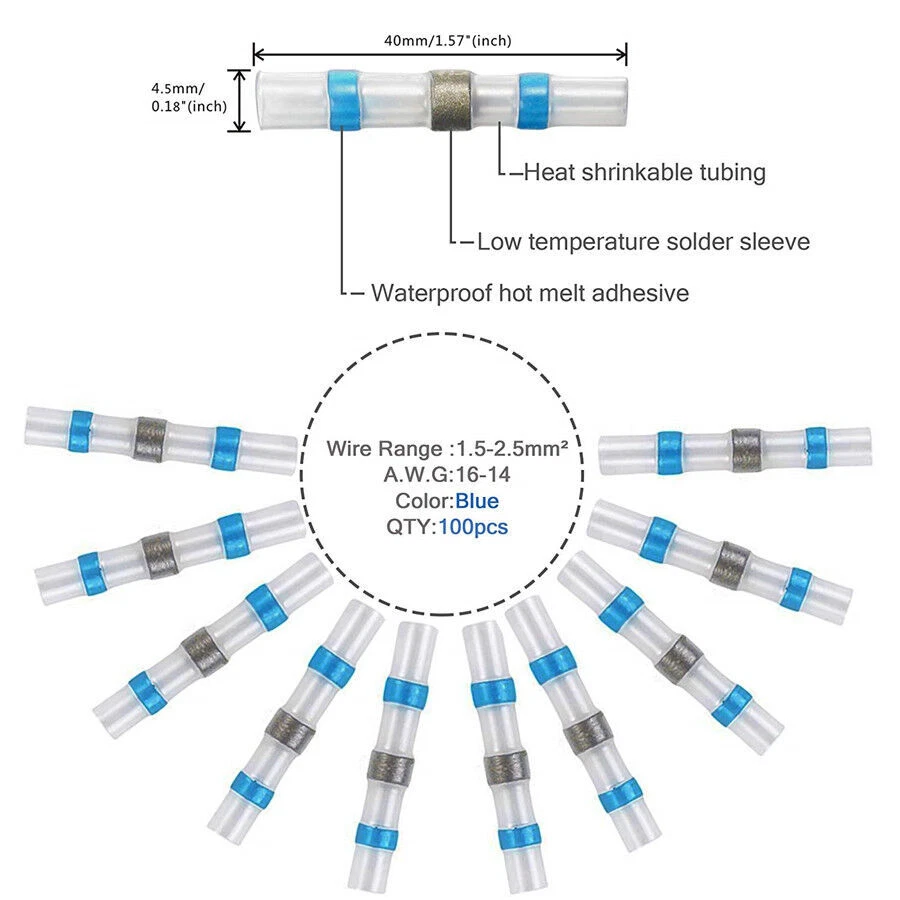 100 Pcs Blue Waterproof Car SUV Solder Sleeve Heat Shrink Terminals Kit 16-14AWG - Image 4 of 4