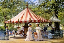 SUMMER CAROUSEL PARK MOTHERS CHILDREN PLAY FUN PAINTING BY ALAN MALEY REPRO