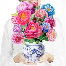 Pop up Flower Card, 3D Paper Flowers Bouquet – 14" Peony, Birthday, Mother’S Day