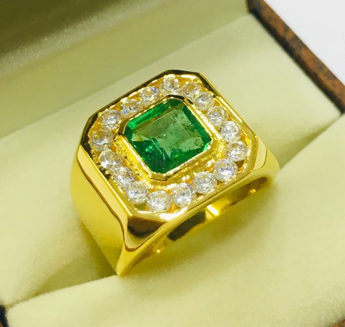 Simulierte Smaragd Edelstein Mit Vergoldet 925 Sterlingsilber Herren Ring #J775 - Bild 2 von 11
