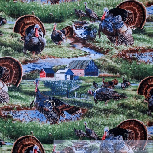 BonEful Fabric FQ Cotton Quilt Turkey Bird Thanksgiving Farm Barn Water Scene US - Picture 1 of 11