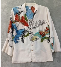 Citron Santa Monica Sm Silk Shirt Artsy White Butterfly Floral Kimono Colorful