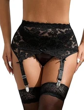 Black High Waisted Garter Belt for Thigh Highs Stockings 4-Strap Metal Clip S...
