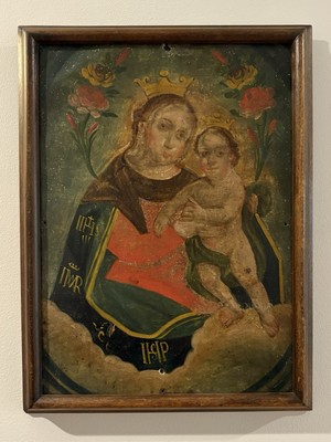 ANTIQUE MEXICAN RETABLO 1800s OUR LADY REFUGE OF SINNERS OIL ON TIN 19TH CENTURY