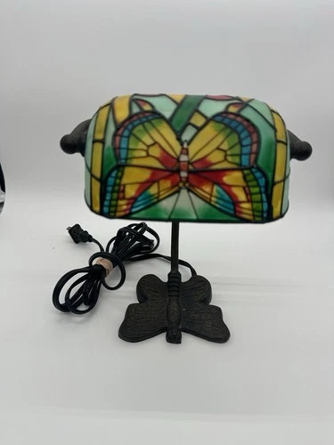 Vintage Tiffany Style Bankers Stained Glass Butterfly Desk Lamp.